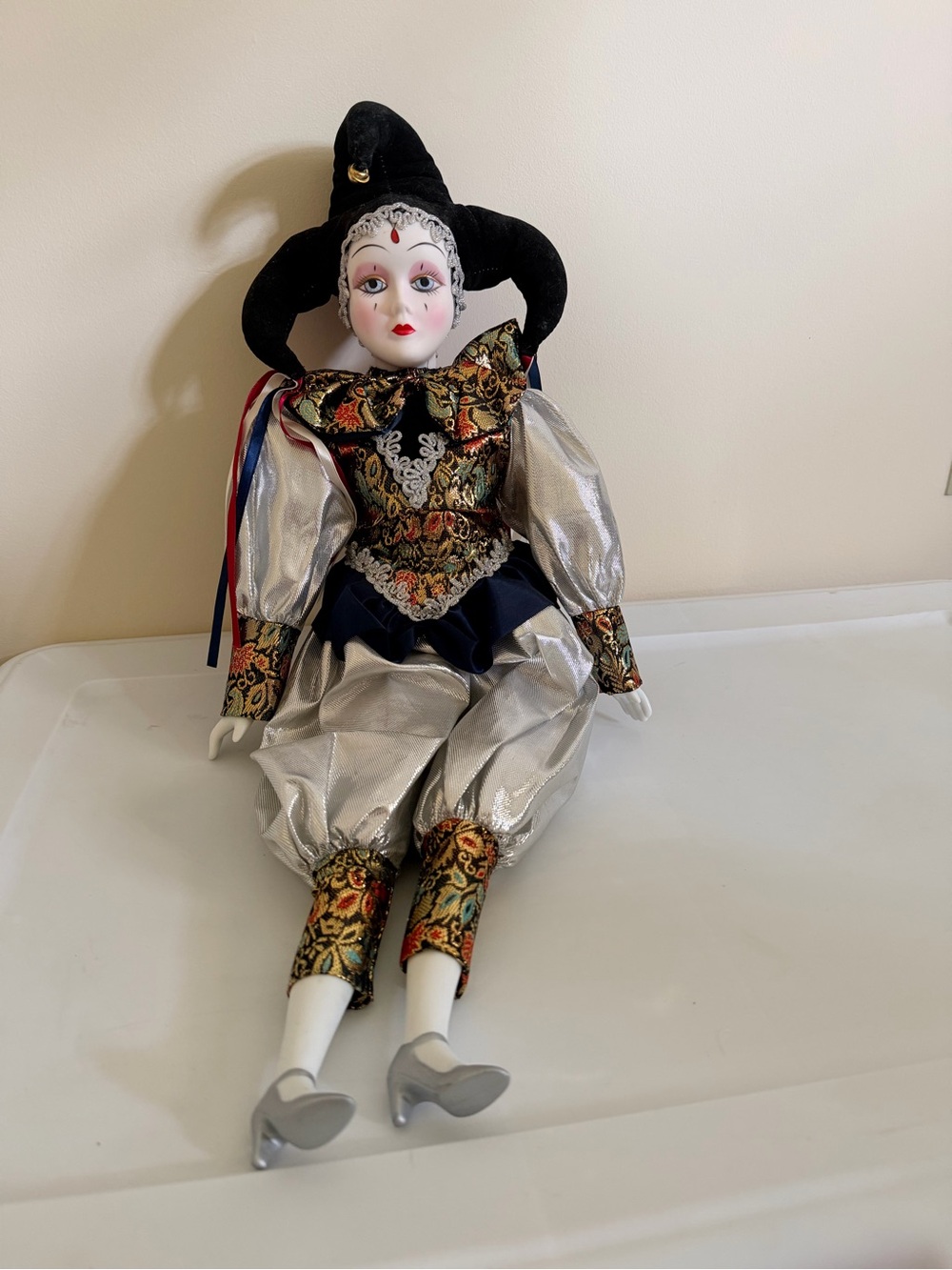 Kids Jester Doll Theater Costume in Silver and Black